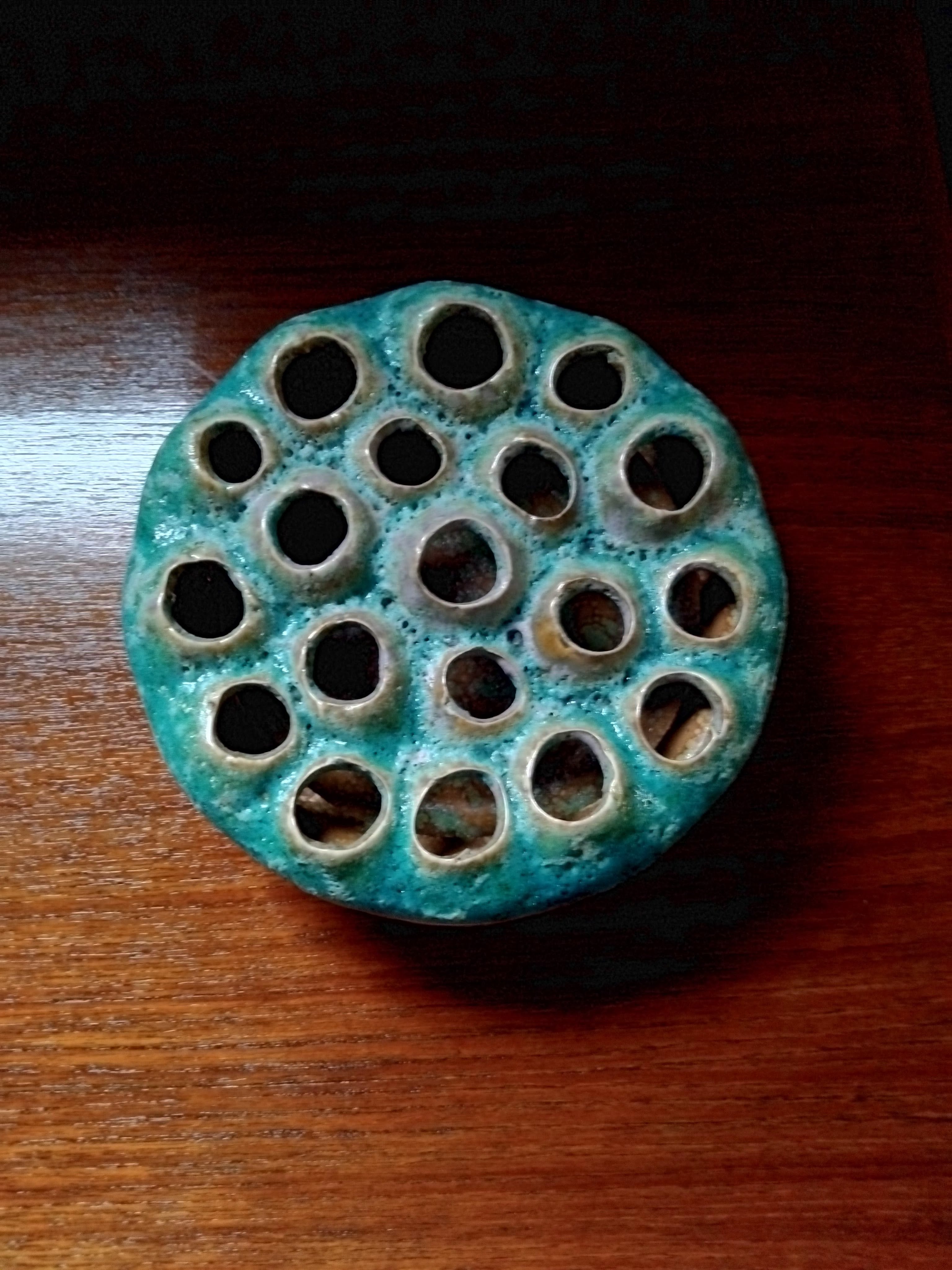 pique-fleurs céramique turquoise mid-century