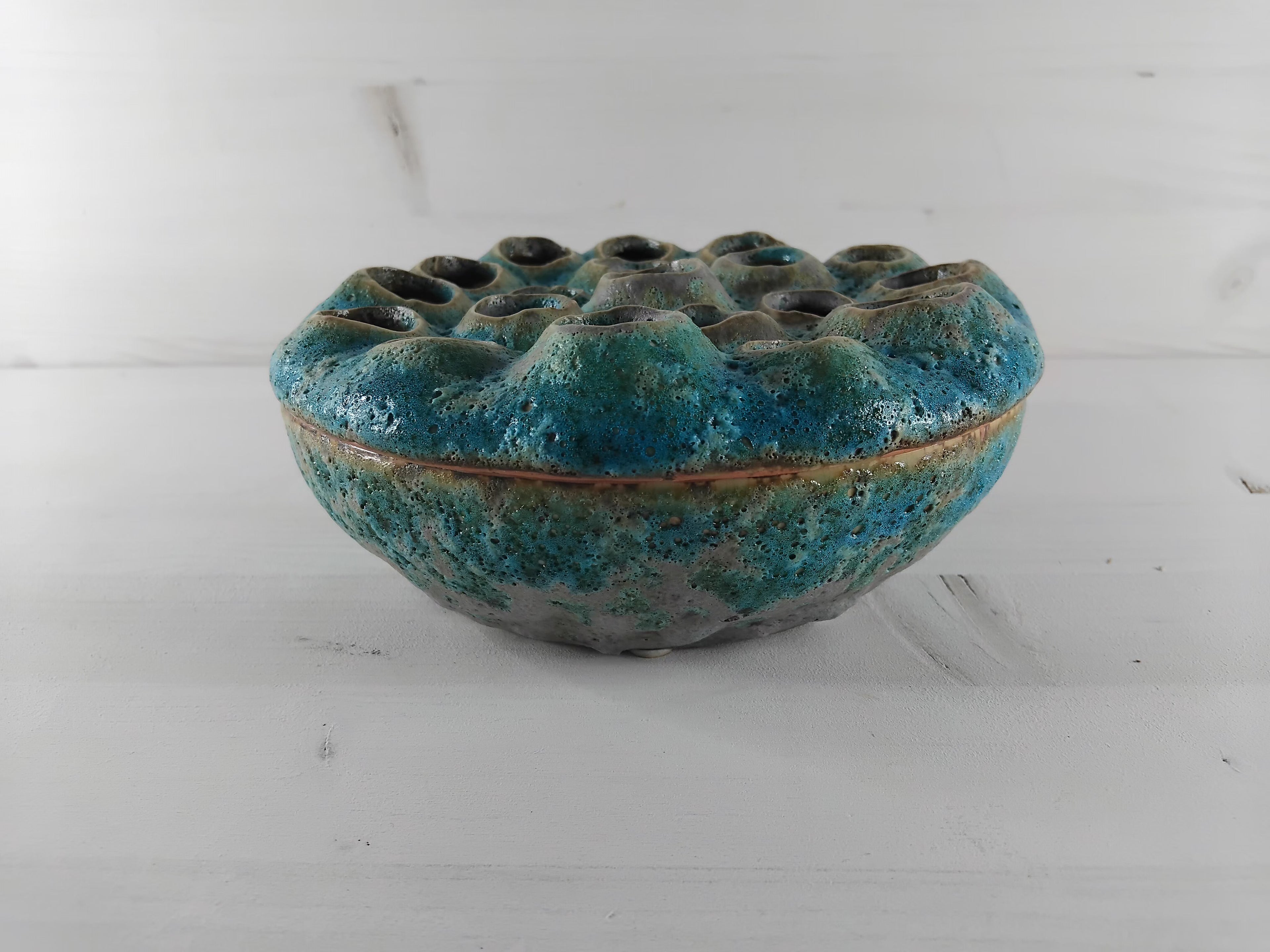 pique-fleurs céramique turquoise mid-century