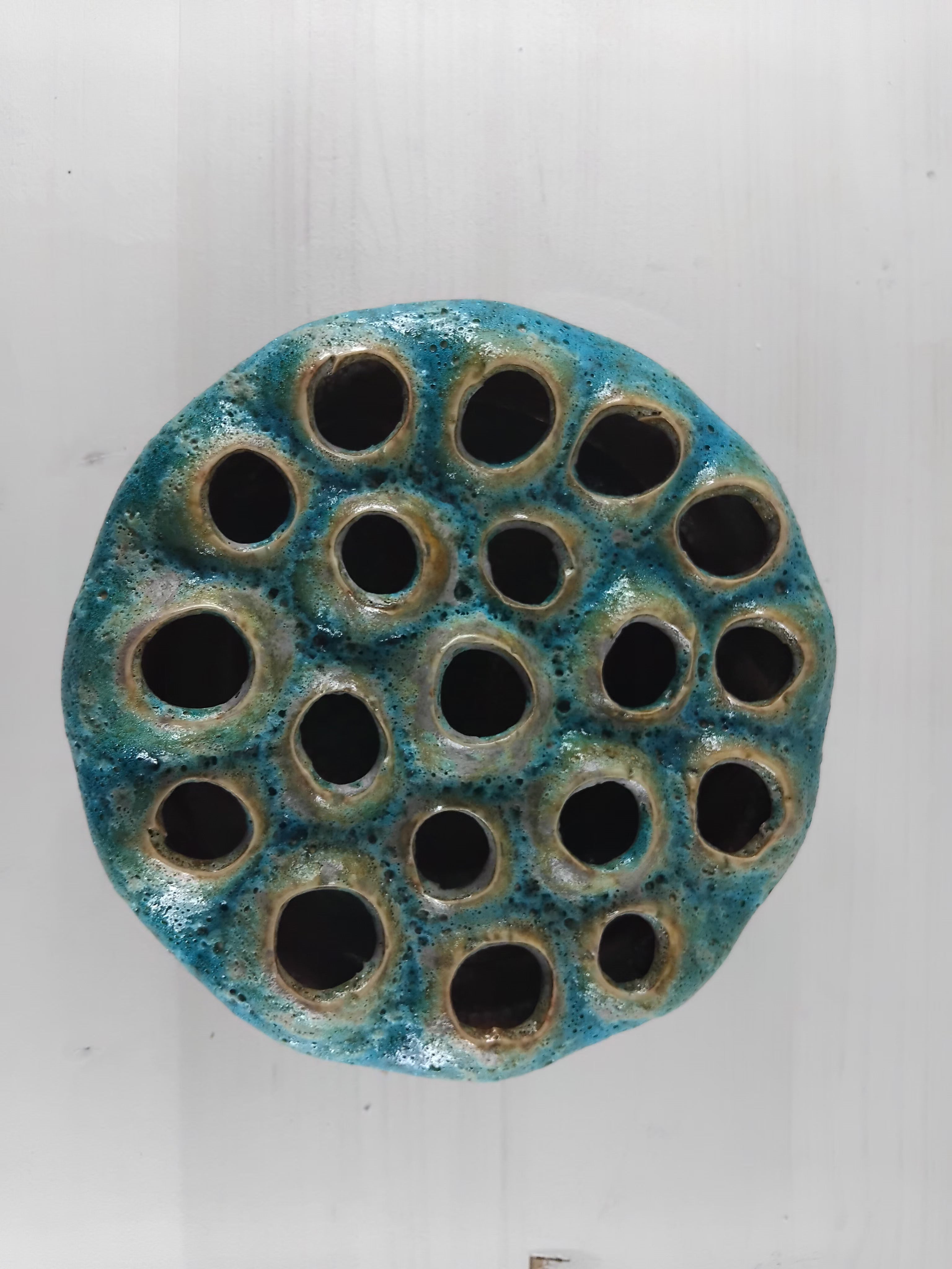 pique-fleurs céramique turquoise mid-century