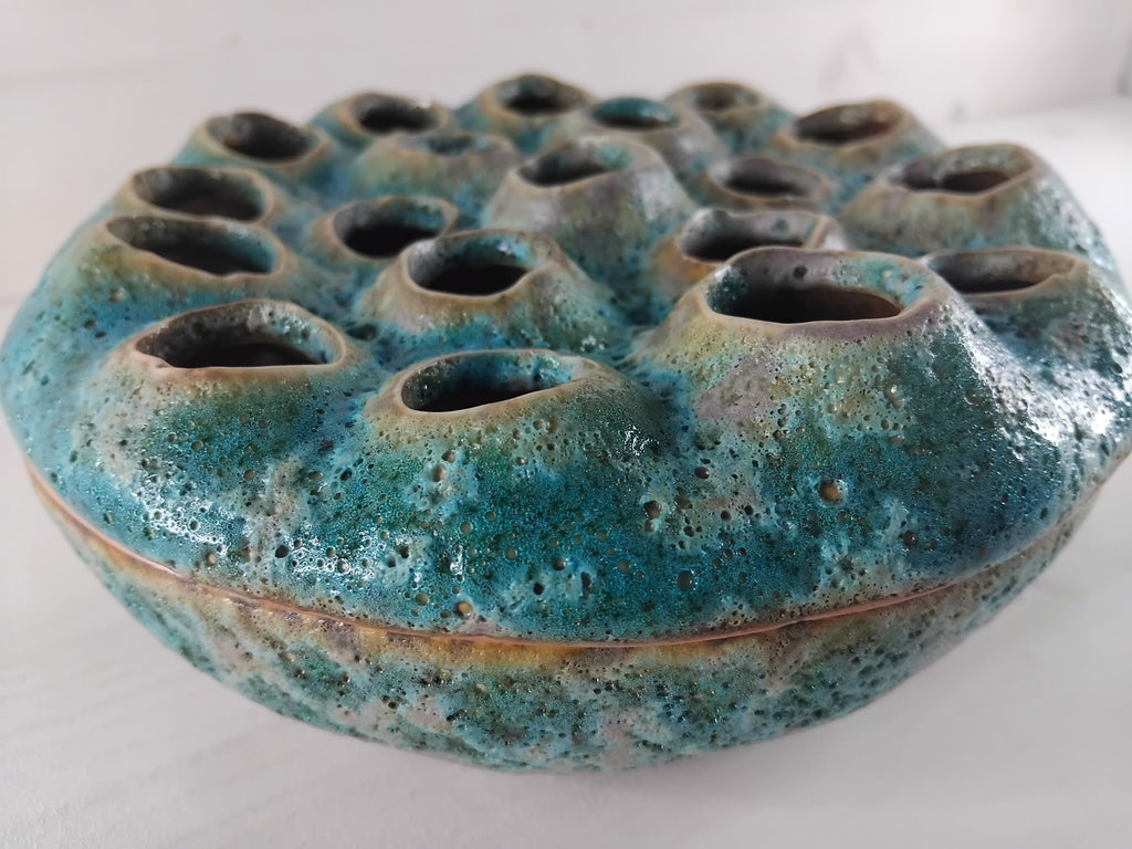 pique-fleurs céramique turquoise mid-century