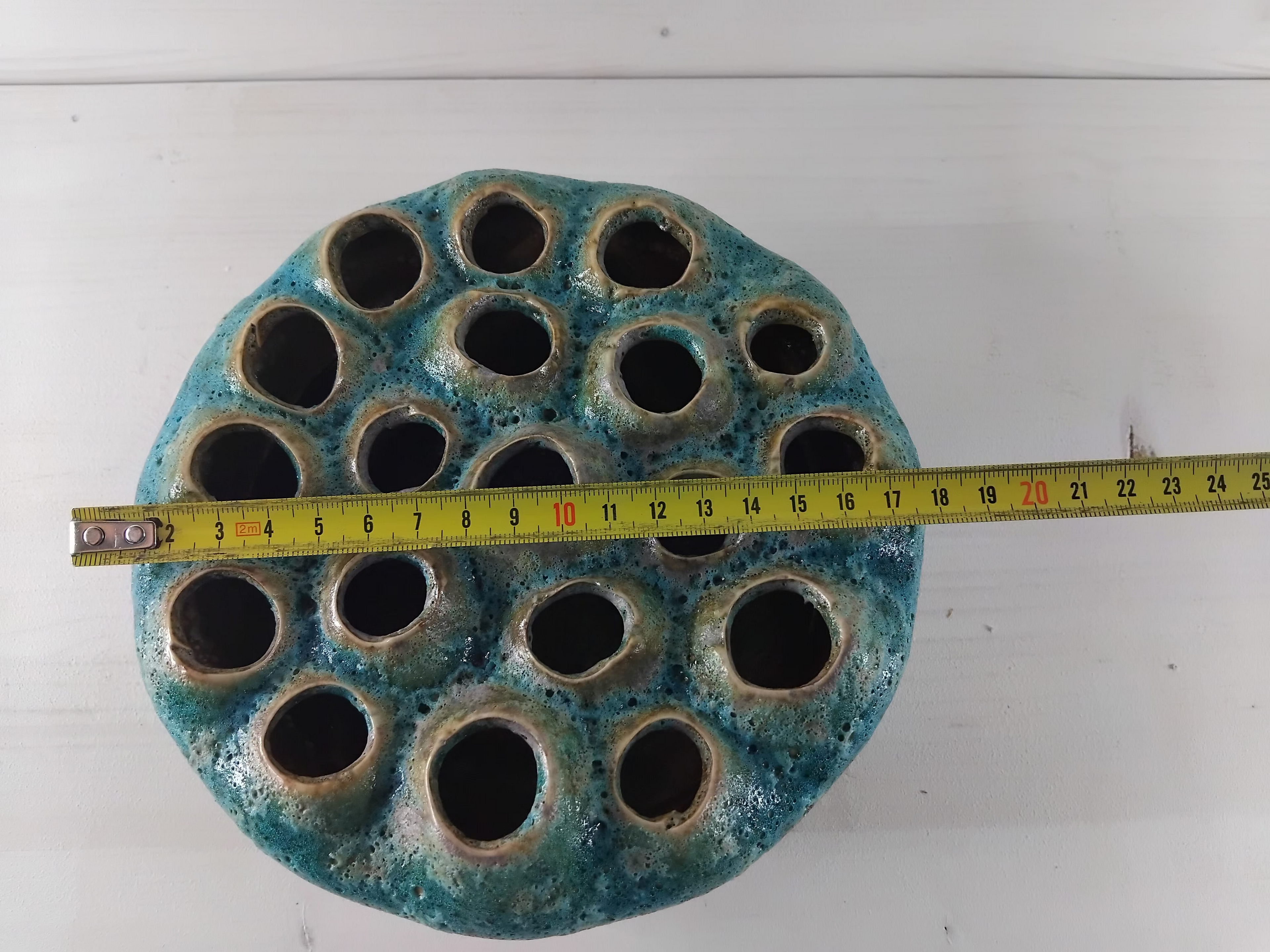 pique-fleurs céramique turquoise mid-century
